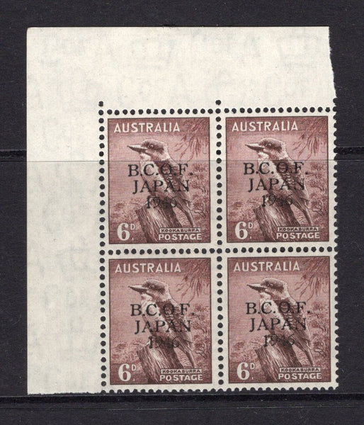 AUSTRALIA - B.C.O.F. JAPAN - 1946 - MULTIPLE: 6d purple brown 'Kookaburra' issue with 'B.C.O.F. JAPAN 1946' overprint, a fine mint corner marginal block of four. (SG J4)  (AUS/9546)