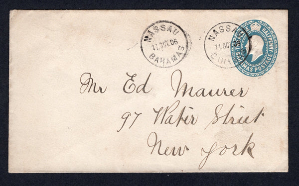 BAHAMAS - 1906 - POSTAL STATIONERY: 2½d blue on white laid paper EVII postal stationery envelope (H&G B7) used with two strikes of NASSAU cds dated 11 OCT 1906. Addressed to USA.  (BAH/17771)