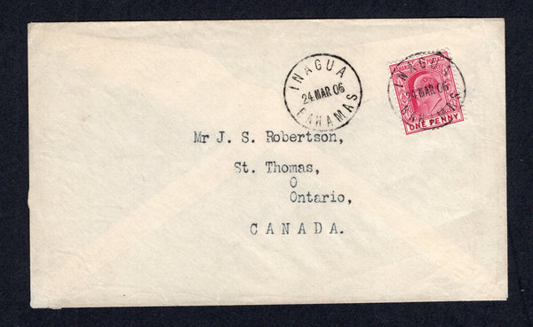 BAHAMAS - 1906 - CANCELLATION: Cover franked with single 1902 1d carmine EVII issue (SG 62) tied by fine INAGUA cds with second strike alongside. Addressed to CANADA with arrival cds on reverse.  (BAH/17801)