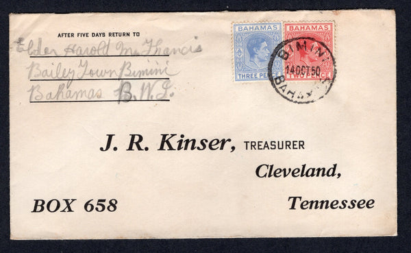BAHAMAS - 1950 - CANCELLATION: Cover franked with 1938 2d scarlet and 3d blue GVI issue (SG 152b & 154a) tied by BIMINI cds. Addressed to USA with NASSAU transit cds on reverse.  (BAH/17807)