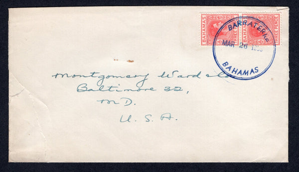 BAHAMAS - 1953 - CANCELLATION: Cover franked with pair 1938 3d scarlet GVI issue (SG 154b) tied by fine strike of large BARRATERRE cds in blue. Addressed to USA. Scarcer marking which was only in use from Jan 1953 to Feb 1954.  (BAH/17812)