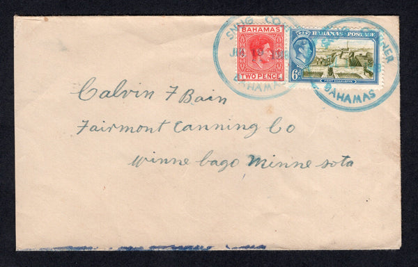 BAHAMAS - 1948 - CANCELLATION: Cover franked with 1938 2d scarlet and 6d olive green & light blue GVI issues (SG 152b & 159) tied by fine strike of large SNUG CORNER cds in light blue. Addressed to USA with NASSAU transit cds on reverse. Scarcer marking which was only in use from Sept 1946 to Oct 1949.  (BAH/17813)