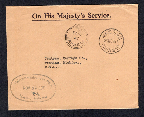 BAHAMAS - 1960 - OFFICIAL MAIL & CANCELLATION: Stampless 'On Her Majesty's Service' official cover with fine strike of PAID AT BAHAMAS 'Crown Circle' cancel in black with NASSAU cds alongside and oval 'Telecommunications Dept Nassau, Bahamas' cachet. Addressed to USA.  (BAH/17824)
