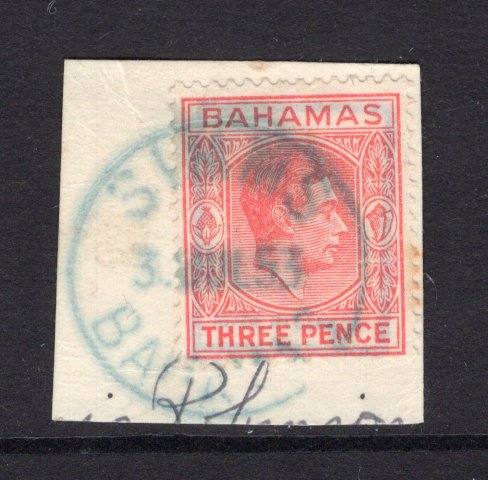 BAHAMAS - 1938 - CANCELLATION: 3d scarlet GVI issue tied on piece by fine complete strike of SIMMS cds in blue dated 3 JUL 1953. (SG 154b)  (BAH/23933)