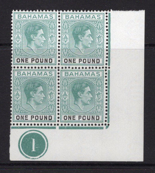BAHAMAS - 1938 - MULTIPLE: £1 blue green & black GVI issue, a fine unmounted mint corner block of four with '1' Plate number in margin. (SG 157a)  (BAH/28967)
