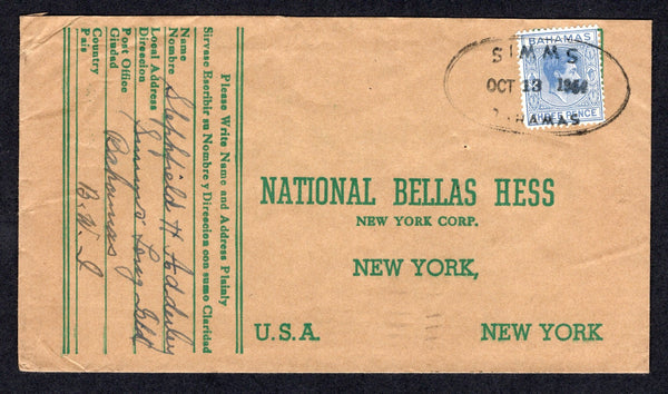 BAHAMAS - 1944 - CANCELLATION: Cover franked with single 1938 3d blue GVI issue (SG 154a) tied by fine strike of oval SIMMS temporary rubber datestamp in black dated OCT 13 1944. Addressed to USA with NASSAU transit cds on reverse. A scarce cancellation.  (BAH/34502)