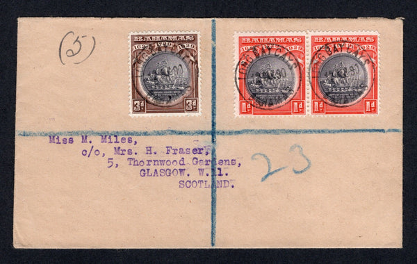 BAHAMAS - 1930 - CANCELLATION & REGISTRATION: Registered cover franked with 1930 pair 1d black & scarlet and 3d black & deep brown 'Great Seal of the Bahamas' issue (SG 126/127) tied by three superb strikes of LONG BAY CAYS cds dated 12 MAR 1930 with manuscript registration notation alongside. Addressed to UK with NASSAU transit cds on reverse. A fine & scarce cover.  (BAH/34504)