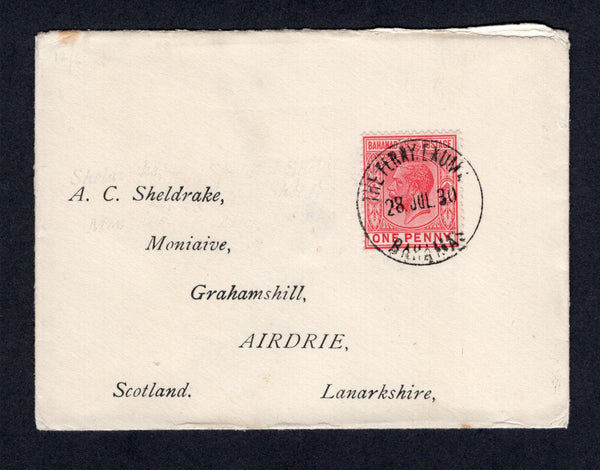 BAHAMAS - 1930 - CANCELLATION: Cover franked with single 1921 1d carmine GV issue (SG 116) tied by fine strike of THE FERRY EXUMA cds dated 28 JUL 1930. Addressed to UK. Very fine.  (BAH/34505)
