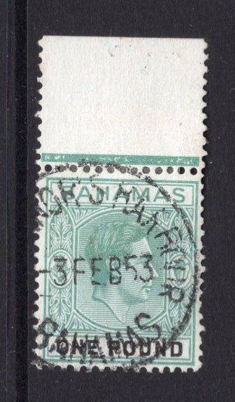 BAHAMAS - 1938 - GVI ISSUE: £1 grey green & black GVI issue, a fine top marginal copy used with GOVERNOR'S HARBOUR cds dated 3 FEB 1953. (SG 157b)  (BAH/36350)