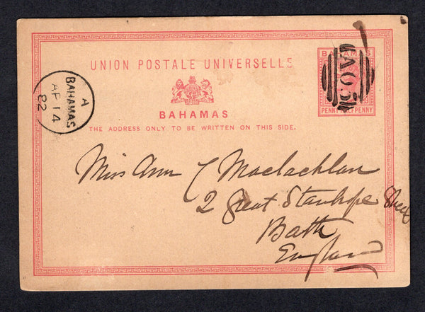 BAHAMAS - 1882 - POSTAL STATIONERY: 1½d rose on buff QV postal stationery card (H&G 1) used with fine strike of barred 'A05' cancel in black with BAHAMAS cds dated APR 14 1882 alongside. Addressed to UK. Full commercial message on reverse. A scarce card used at this early date.  (BAH/37101)