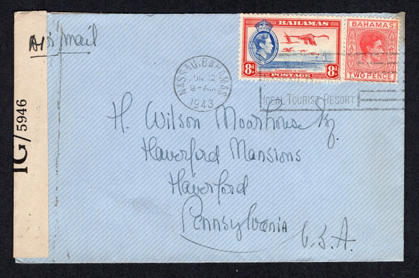 BAHAMAS - 1943 - CENSORED MAIL: Cover franked with 1938 2d scarlet and 8d ultramarine & scarlet GVI issue (SG 152b & 160) tied by NASSAU machine dated JUN 12 1943. Censored in the Bahamas with printed black on white 'P.C.90 OPENED BY EXAMINER IG/5946' censor strip at left. Sent airmail to USA. Small part of backflap missing but a scarcer censor.  (BAH/37526)