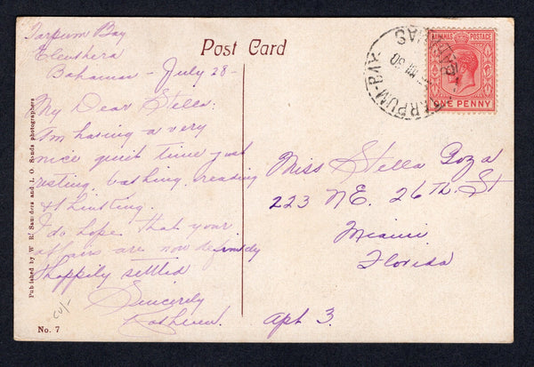 BAHAMAS - 1930 - CANCELLATION: Colour PPC 'Bathing Beach, Hog Island, Nassau, Bahamas' franked on message side with 1921 1d carmine GV issue (SG 116) tied by fine TARPUM BAY cds dated 28 JUL 1930. Addressed to USA.  (BAH/37527)