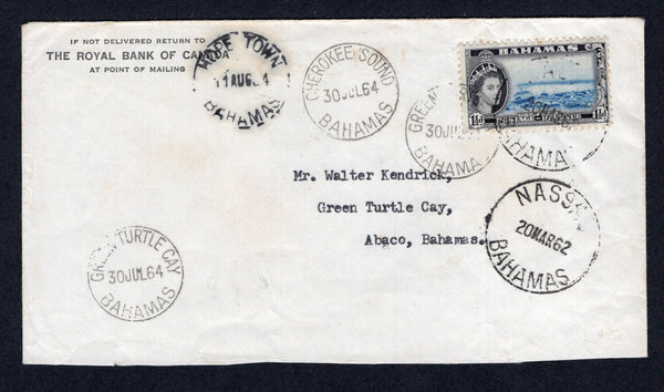 BAHAMAS - 1961 - DESTINATION & CANCELLATION: Commercial cover franked with single 1954 1½d blue & black QE2 issue (SG 203) tied by NASSAU cds's dated 20 MAR 1962. Addressed to GREEN TURTLE CAY, ABACO, the cover must have been delayed or mislaid with CHEROKEE SOUND transit cds dated 30 JUL 1964, GREEN TURTLE CAY arrival cds dated 30 JUL 1964 and a strange HOPE TOEN cds dated 11 AUG 1964 all on front. An unusual item.  (BAH/38325)