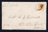 BAHAMAS - 1891 - QV ISSUE & MARITIME: Cover franked with single 1884 4d deep yellow QV issue (SG 53) tied by barred letter 'B' cancel in black with BAHAMAS cds dated NOV 1891 on reverse and good strike of straight line 'Per S. S. SANTIAGO' ship marking in blue on front. Addressed to USA with transit cds on reverse. Original letter enclosed. An attractive franking.  (BAH/39248)
