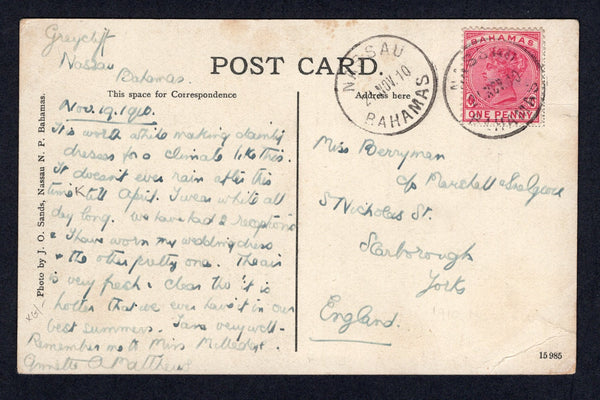 BAHAMAS - 1910 - QV ISSUE & POSTCARD: Colour PPC 'East Street Nassau N.P. Bahamas' franked on message side with 1884 1d carmine rose QV issue (SG 48) tied by NASSAU cds dated 21 NOV 1910. Addressed to UK. Very late use of this issue.  (BAH/39249)
