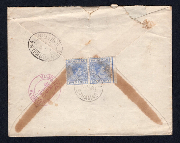 BAHAMAS - 1941 - REGISTRATION: Registered cover franked on reverse with pair 1938 2½d ultramarine GVI issue (SG 153) tied by NASSAU cds dated 17 JAN 1941 with printed blue on white 'NASSAU, BAHAMAS' registration label on front. Addressed to USA with transit and arrival marks on reverse.  (BAH/39251)