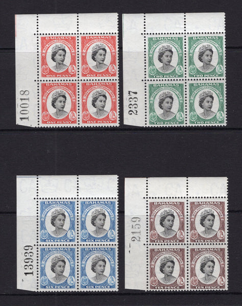 BAHAMAS - 1959 - MULTIPLE: 'Centenary of the First Bahamas Postage Stamp' issue the set of four in fine unmounted mint corner marginal blocks of four each with the sheet number handstamp in margin. (SG 217/220)  (BAH/40216)