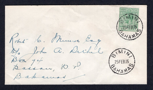 BAHAMAS - 1935 - CANCELLATION & RATE: Unsealed cover franked with single 1921 ½d green GV issue (SG 115) tied by BIMINI cds dated 25 FEB 1935 with fine second strike alongside. Addressed internally to NASSAU.  (BAH/40573)