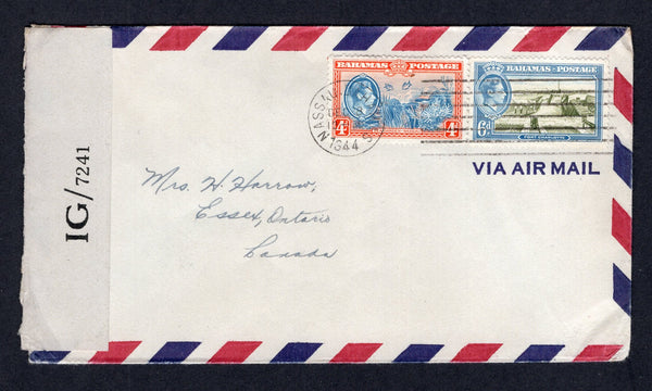 BAHAMAS - 1943 - CENSORED MAIL: Airmail cover franked with 1938 4d light blue & red orange and 6d olive green & light blue GVI issue (SG 158/159) tied by NASSAU machine cancel dated DEC 28 1944 and censored with printed black & white 'OPENED BY CENSOR IG/7241' PC90 censor strip at left. Addressed to CANADA.  (BAH/40575)