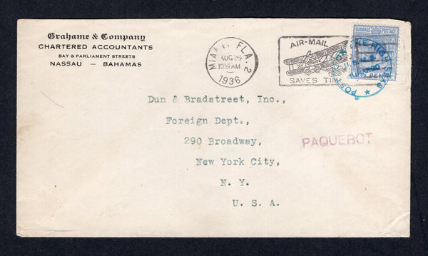 BAHAMAS - 1936 - MARITIME MAIL: Cover with printed 'Graham & Company, Chartered Accountants Bay & Parliament Streets Nassau Bahamas' company imprint at top franked with 1921 2½d ultramarine GV issue (SG 119) tied by good strike of undated POSTED ON THE HIGH SEAS U.S.M.S. MUNARGO ship cancel in blue and also by MIAMI arrival mark with straight line 'PAQUEBOT' marking in purple alongside. Addressed to NEW YORK, USA.  (BAH/40677)