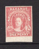 BAHAMAS - 1859 - CLASSIC ISSUES: 1d dull lake 'Chalon' issue, a exceptional looking bottom marginal mint copy with huge margins. 1996 David Brandon certificate states 'Regummed'. (SG 2)  (BAH/9646)