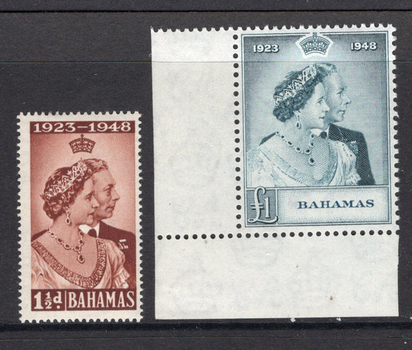 BAHAMAS - 1948 - SILVER WEDDING ISSUE: 'Silver Wedding' issue the pair fine mint, the £1 is an unmounted corner marginal copy. (SG 194/195)  (BAH/9660)