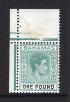 BAHAMAS - 1938 - DEFINITIVE ISSUE: £1 grey green & black on thick chalk surfaced paper GVI issue, a fine unmounted mint corner marginal copy. (SG 157)  (BAH/9667)