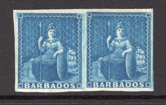 BARBADOS - 1852 - CLASSIC ISSUES: 1d blue 'Britannia' issue on blued paper, a fine mint pair with gum and four large margins. (SG 3)  (BAR/11115)