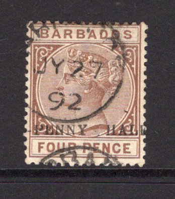 BARBADOS - 1892 - VARIETY: 'HALF-PENNY' on 4d deep brown 'QV' issue, a fine copy with variety 'PENNY HALF' used with BARBADOS cds dated JY 27 1892. Scarce. (SG 104d)  (BAR/11134)