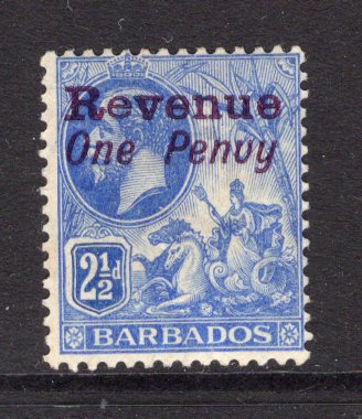 BARBADOS - 1916 - REVENUE & VARIETY: 1d on 2½d blue GV issue with variety overprint reading 'REVENUE ONE PENVY' instead of 'REVENUE ONE PENNY'. Fine mint. Rare & unrecorded in Barefoot. (Barefoot #15 variety)  (BAR/11154)
