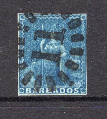 BARBADOS - 1852 - CANCELLATION: 1d deep blue on blued paper 'Britannia' issue a fine copy four tight margins used with superb central strike of numeral '11' BOOTHEEL cancel of ST LUCY. (SG 4)  (BAR/1439)
