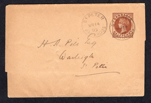 BARBADOS - 1899 - CANCELLATION: ½d brown on buff QV postal stationery wrapper (H&G E1) used with two fine strikes of ST PETER cds dated MR 14 1899. Addressed locally.  (BAR/1441)