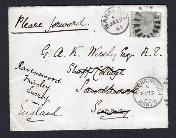 BARBADOS - 1885 - QV ISSUE: Cover franked with single 1882 4d grey QV issue (SG 97) tied by fine 'Bootheel' cancel with BARBADOS cds alongside. Addressed to UK with transit & arrival marks on reverse.  (BAR/24246)