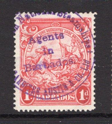 BARBADOS - 1938 - CANCELLATION & MARITIME: 1d scarlet, perf 14 used with fine central strike of circular 'CANADIAN NATIONAL STEAMSHIPS GARDINER AUSTIN & CO. AGENTS IN BARBADOS' shipping company mark in purple. (SG 249a)  (BAR/32615)