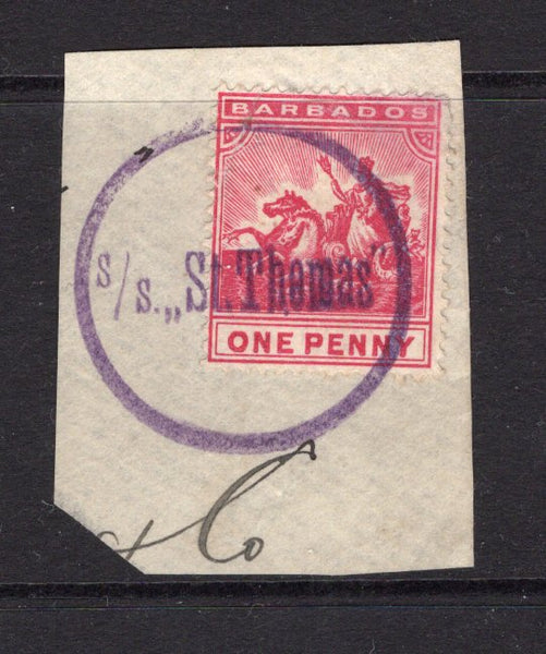 BARBADOS - 1892 - CANCELLATION & MARITIME: 1d carmine 'Seal of the Colony' issue tied on piece by superb complete strike of circular 'S/S ST. THOMAS' steamship cancel in purple. Very scarce. (SG 107)  (BAR/32616)