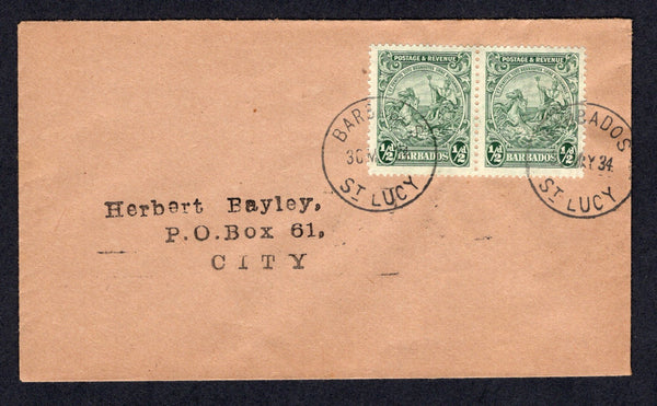BARBADOS - 1934 - CANCELLATION: Cover franked with pair 1925 ½d green (SG 230) tied by two fine strikes of ST. LUCY cds dated 36 MAY 1934. Addressed to BRIDGETOWN with arrival cds on reverse.  (BAR/35613)