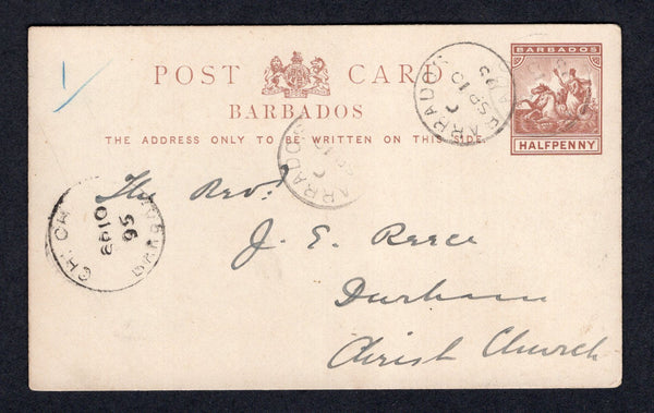 BARBADOS - 1895 - POSTAL STATIONERY & CANCELLATION: ½d reddish brown postal stationery card (H&G 8) used with BARBADOS cds dated SEP 10 1895. Addressed internally to 'The Revd J. E. Reece, Durham, Christ Church' with good strike of CH: CH: arrival cds on front. The message mentions coming by train.  (BAR/37521)