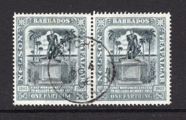 BARBADOS - 1906 - CANCELLATION: ¼d black & grey 'Nelson Centenary' issue, a fine pair used with complete central strike of CH. CH. cds (Christchurch) dated OCT 4 1906. (SG 145)  (BAR/38569)