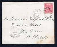 BARBADOS - 1889 - QV ISSUE & CANCELLATION: Cover franked with single 1882 1d rose QV issue (SG 91) tied by BARBADOS 'Bootheel' duplex cds dated JAN 18 1889. Addressed to ST PHILIP with ST. PHILIP '3' arrival cds on front. Cover is a little discoloured at lower right.  (BAR/39252)