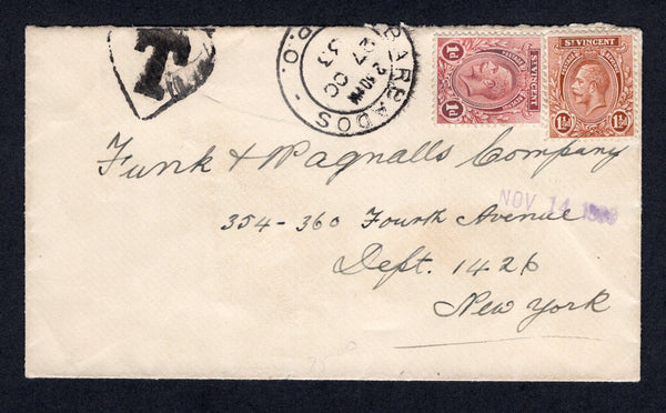 BARBADOS - 1933 - ILLEGAL USE & POSTAGE DUE: Cover illegally franked with St. Vincent 1921 1d carmine and 1½d brown GV issue (SG 132/133) uncancelled with BARBADOS G.P.O. cds dated 27 OCT 1933 struck away from the stamps with large heart shaped 'T' postage due marking alongside. Addressed to USA.  (BAR/39337)