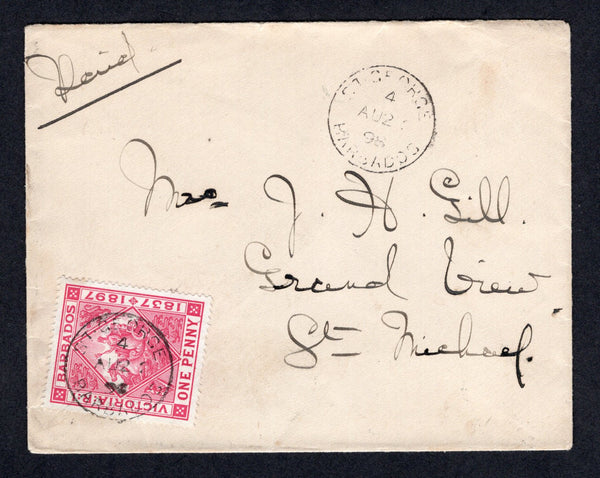 BARBADOS - 1898 - CANCELLATION: Internal cover with manuscript 'Paid' at top franked with single 1897 1d rose (SG 118) tied by ST GEORGES '4' cds dated AUG 22 1898 with second strike alongside. Addressed to ST MICHAEL with arrival cds on reverse.  (BAR/39916)