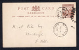 BARBADOS - 1895 - POSTAL STATIONERY & CANCELLATION: ½d reddish brown postal stationery card (H&G 8) used with BARBADOS cds dated AU 24 1898. Addressed internally to ST PETER with good strike of ST. PETER arrival cds on front.  (BAR/39917)