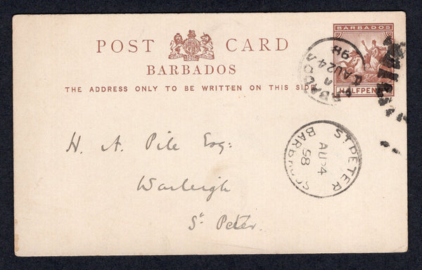 BARBADOS - 1895 - POSTAL STATIONERY & CANCELLATION: ½d reddish brown postal stationery card (H&G 8) used with BARBADOS cds dated AU 24 1898. Addressed internally to ST PETER with good strike of ST. PETER arrival cds on front.  (BAR/39917)