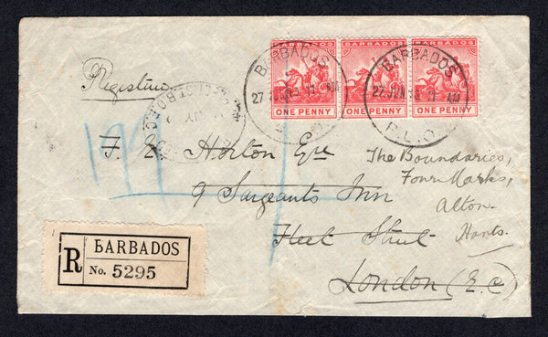 BARBADOS - 1910 - REGISTRATION: Registered cover franked with strip of three 1905 1d red (SG 165) tied by BARBADOS R.L.O. cds's dated 27 JUN 1910 with printed black on white 'BARBADOS' registration label alongside. Addressed to UK and redirected with various transit & arrival marks on front & reverse.  (BAR/39919)