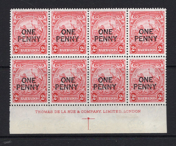 BARBADOS - 1947 - VARIETY: 1d on 2d carmine 'Surcharge' issue perf 13½ x 13. A fine mint bottom marginal block of eight with the top left stamp showing the BROKEN 'E' variety (position 11/4) with fine 'THOMAS DE LA RUE & COMPANY. LIMITED. LONDON' imprint in margin. (SG 264e & 264ed)  (BAR/40217)