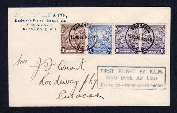 BARBADOS - 1938 - FIRST FLIGHT: Cover franked with 1938 2½d ultramarine, 3d brown and pair 6d violet GVI issue (SG 251, 252 & 254) tied by BARBADOS G.P.O. cds's dated 19 OCT 1938. Flown on the Barbados - Trinidad - Curacao first flight by K.L.M. with boxed first flight cachet on front. Addressed to CURACAO with arrival cds on reverse. A rare flight only 73 covers were flown. (Muller #9)  (BAR/40293)