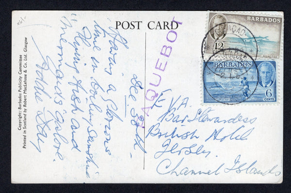 BARBADOS - 1953 - MARITIME: Colour PPC 'Broad Street, Bridgetown, Barbados, B.W.I.' franked on message side with 1950 6c light blue and 12c greenish blue & brown olive GVI issue (SG 275 & 277) tied by CURACAO cds's dated 2.1.1953 with large straight line 'PAQUEBOT' marking in purple alongside. Addressed to UK.  (BAR/40374)