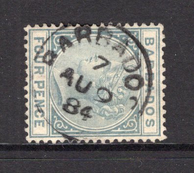 BARBADOS - 1892 - CANCELLATION: 4d grey QV issue used with fine strike of BARBADOS '7' cds of ST. JAMES dated AUG 9 1884. (SG 97)  (BAR/40489)