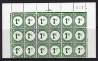 BARBADOS - 1965 - POSTAGE DUE & VARIETY: 1c deep green 'Postage Due' issue a fine unmounted mint block of eighteen comprising the top three rows of the sheet with margins on three sides with variety 'MISSING TOP SERIF ON C (row 2/4) and '004' sheet number handstamped in margin. (SG D7 & D7a)  (BAR/5519)