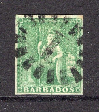 BARBADOS - 1855 - CLASSIC ISSUES: ½d yellow green 'Britannia' issue on white paper, no watermark. A fine copy four good to large margins superb used with light central numeral '1' BOOTHEEL cancel of BARBADOS GPO in black. (SG 7)  (BAR/5520)